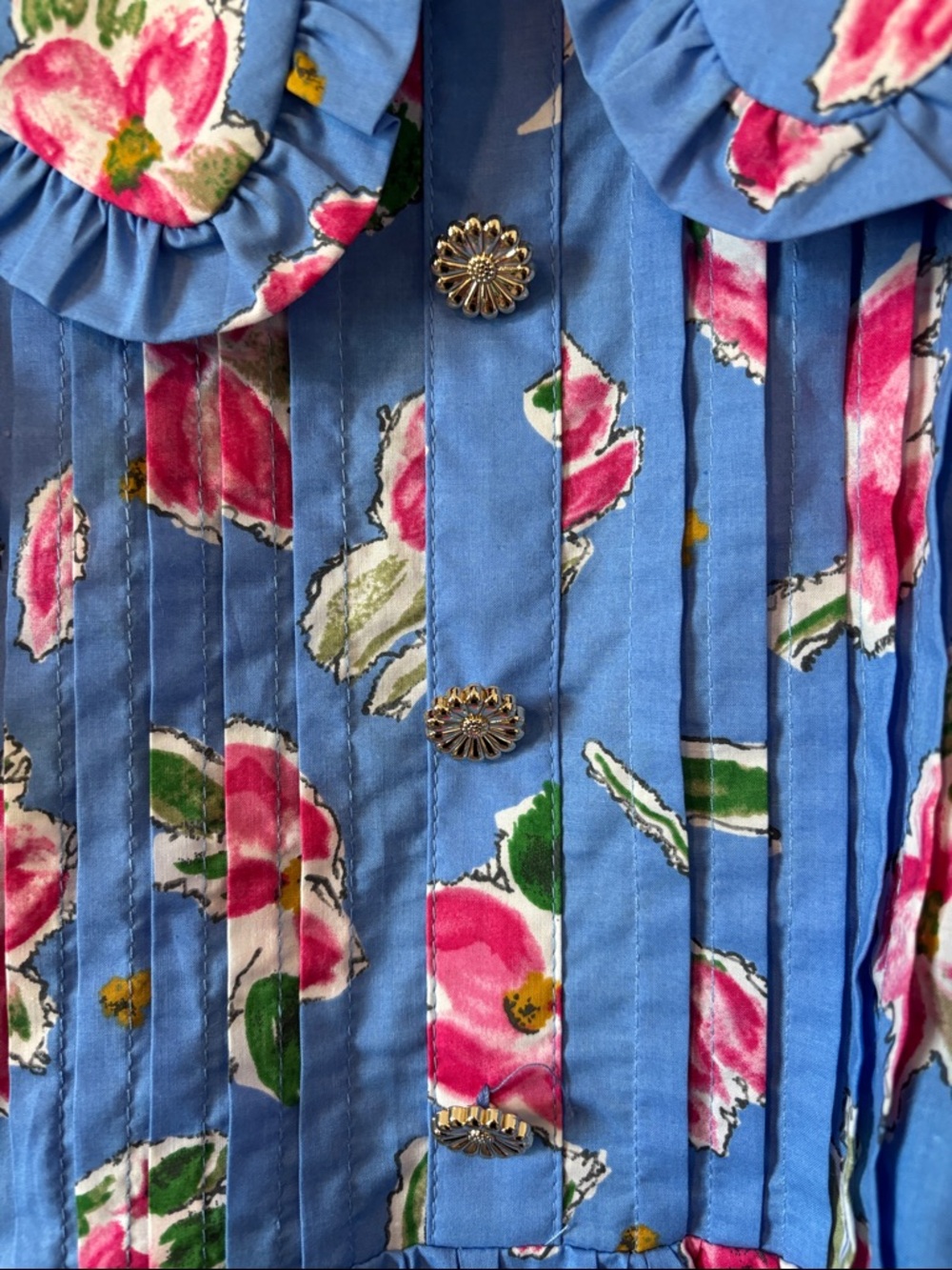 entro Blue Floral Ruffle Top with Pink and Green Accents - Picture 3 of 5
